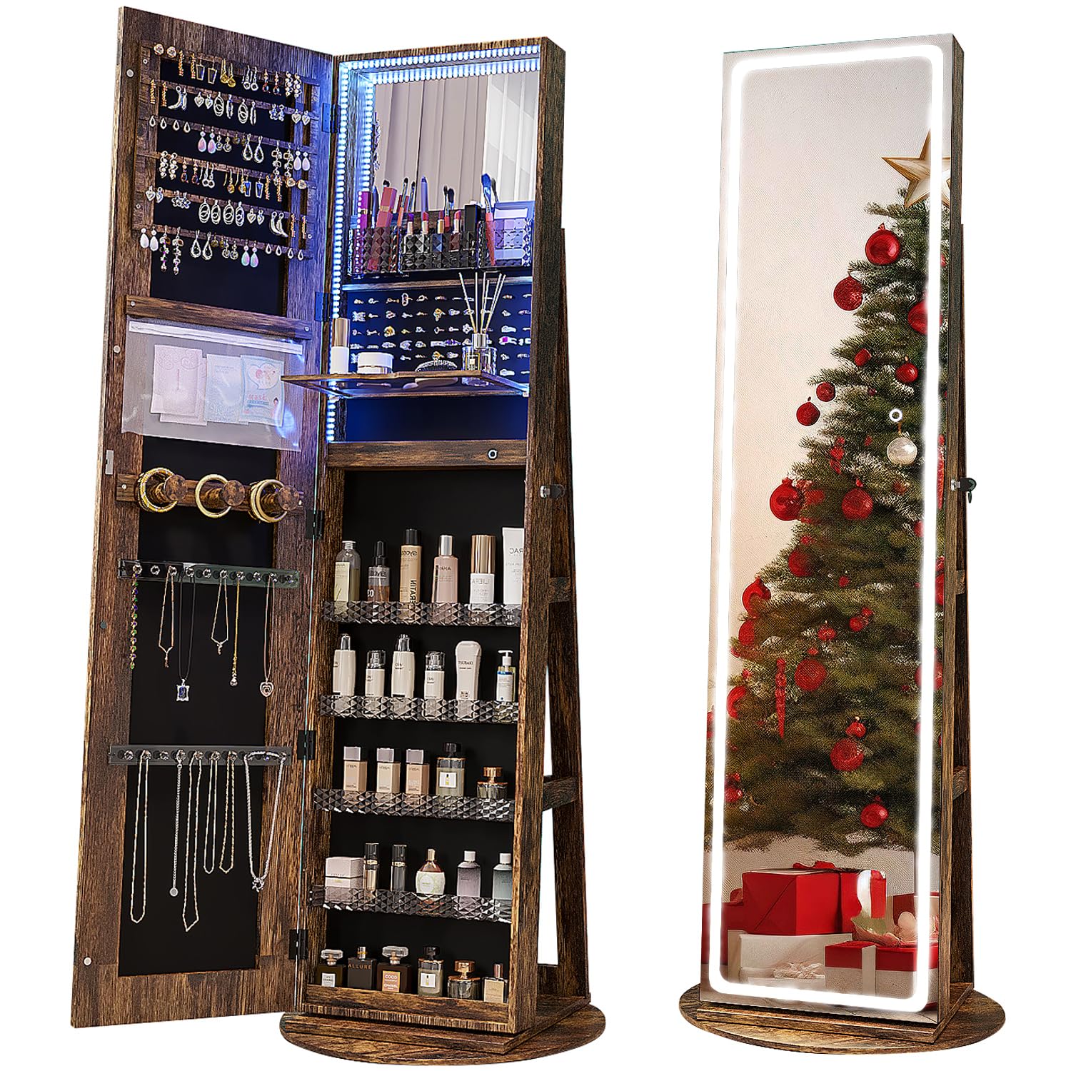 Full Length Mirror Jewelry Armoire - Espelho de joias com LED giratório,