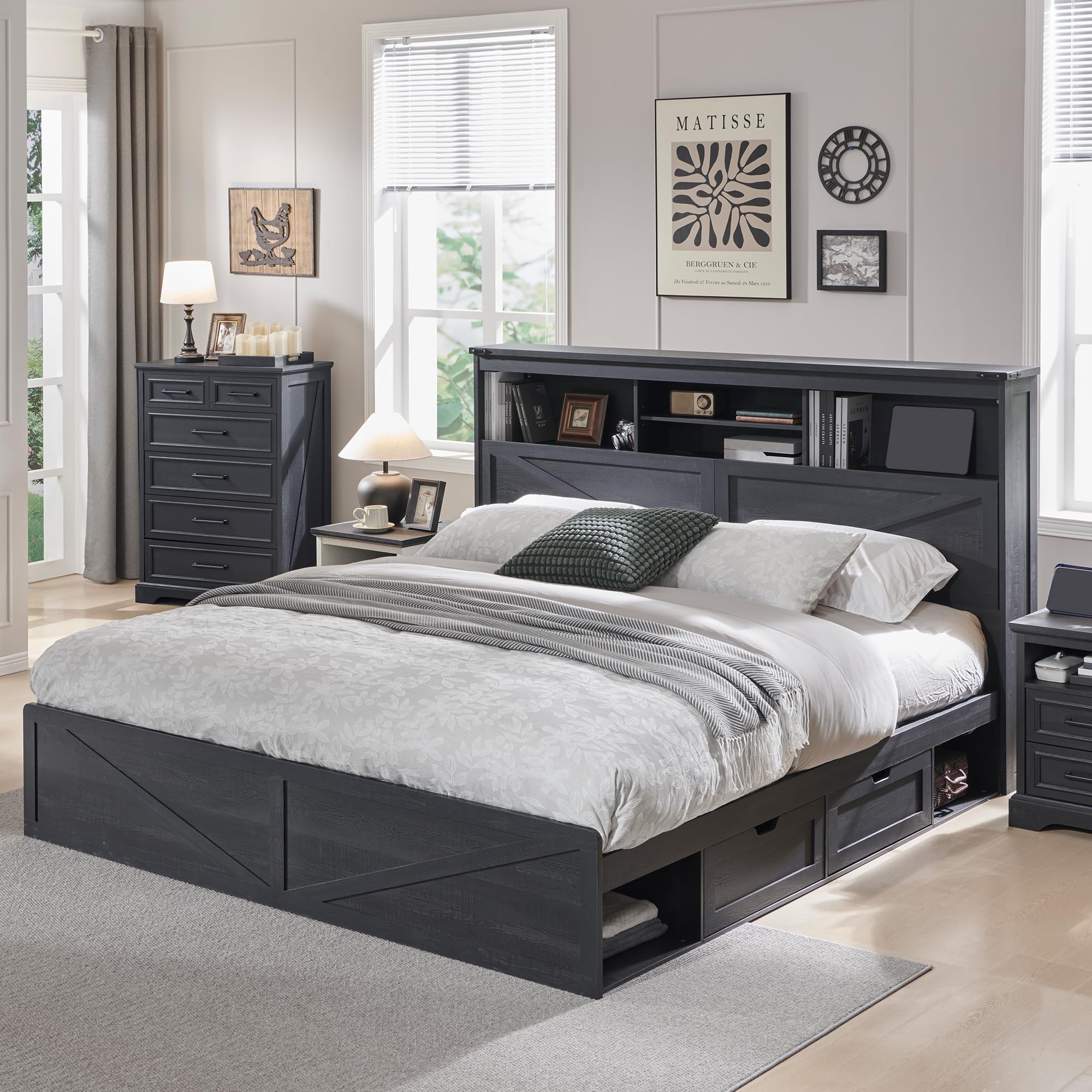 Estrutura de cama estilo rústi - King Size Bed Frame With Storage Drawers avaliação e preço