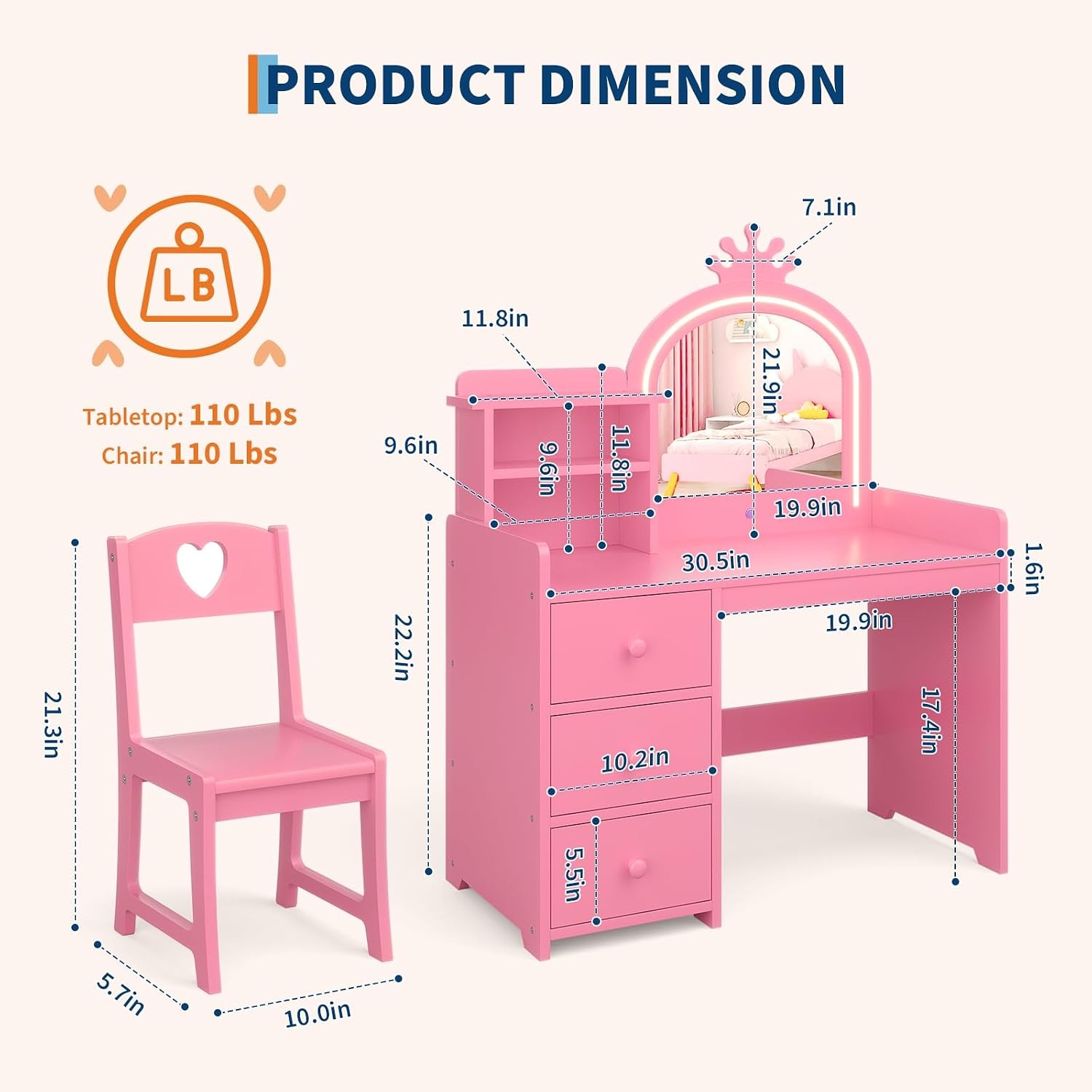 Mesa de Maquiagem Infantil com - Dressing Table Vanity With Lighted Mirror avaliação e preço