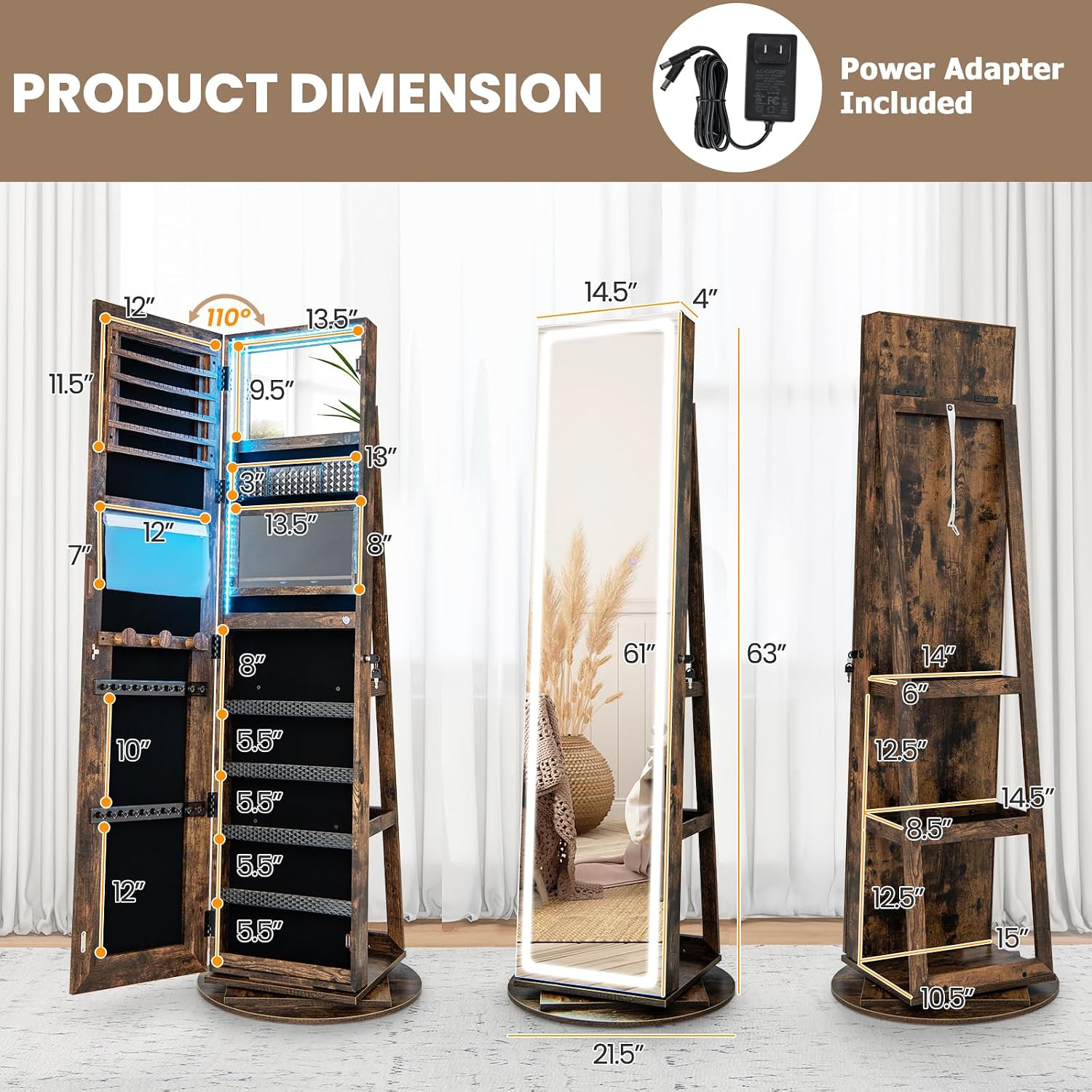 Espelho de joias com LED girat - Full Length Mirror Jewelry Armoire avaliação e preço